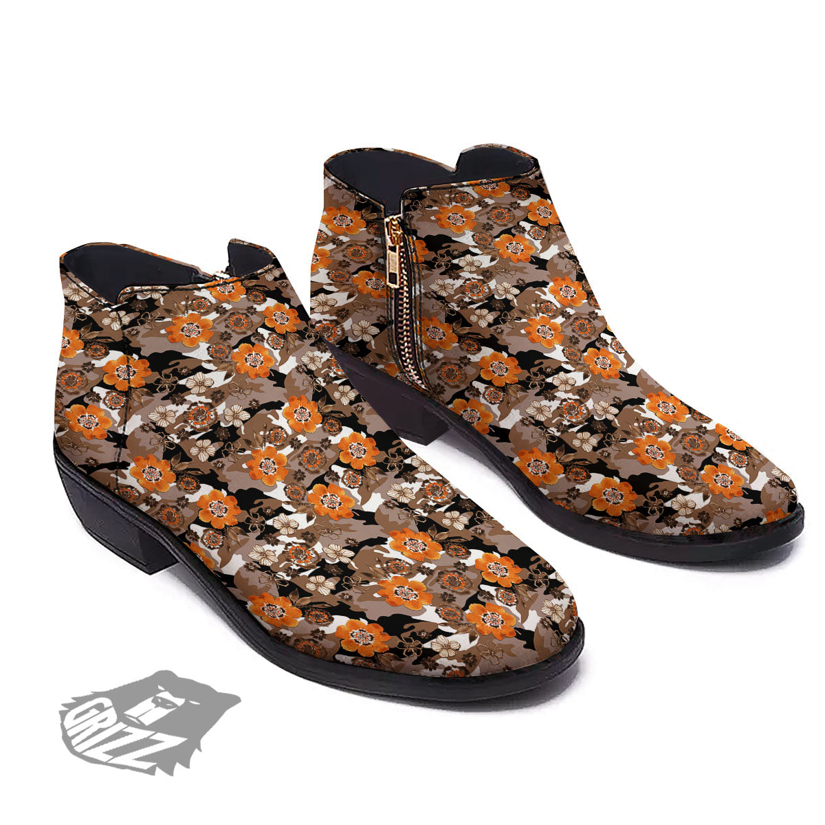 Camo Flower Brown Hawaiian Print Pattern Ankle Boots-grizzshop