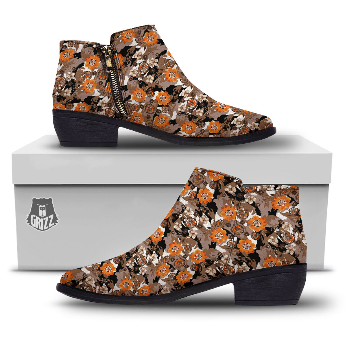 Camo Flower Brown Hawaiian Print Pattern Ankle Boots-grizzshop
