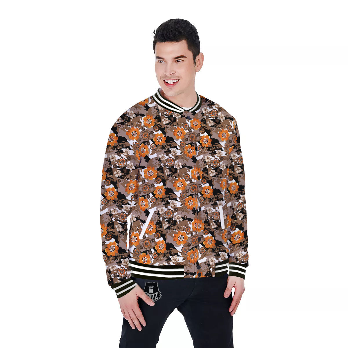 Camo Flower Brown Hawaiian Print Pattern Baseball Jacket-grizzshop