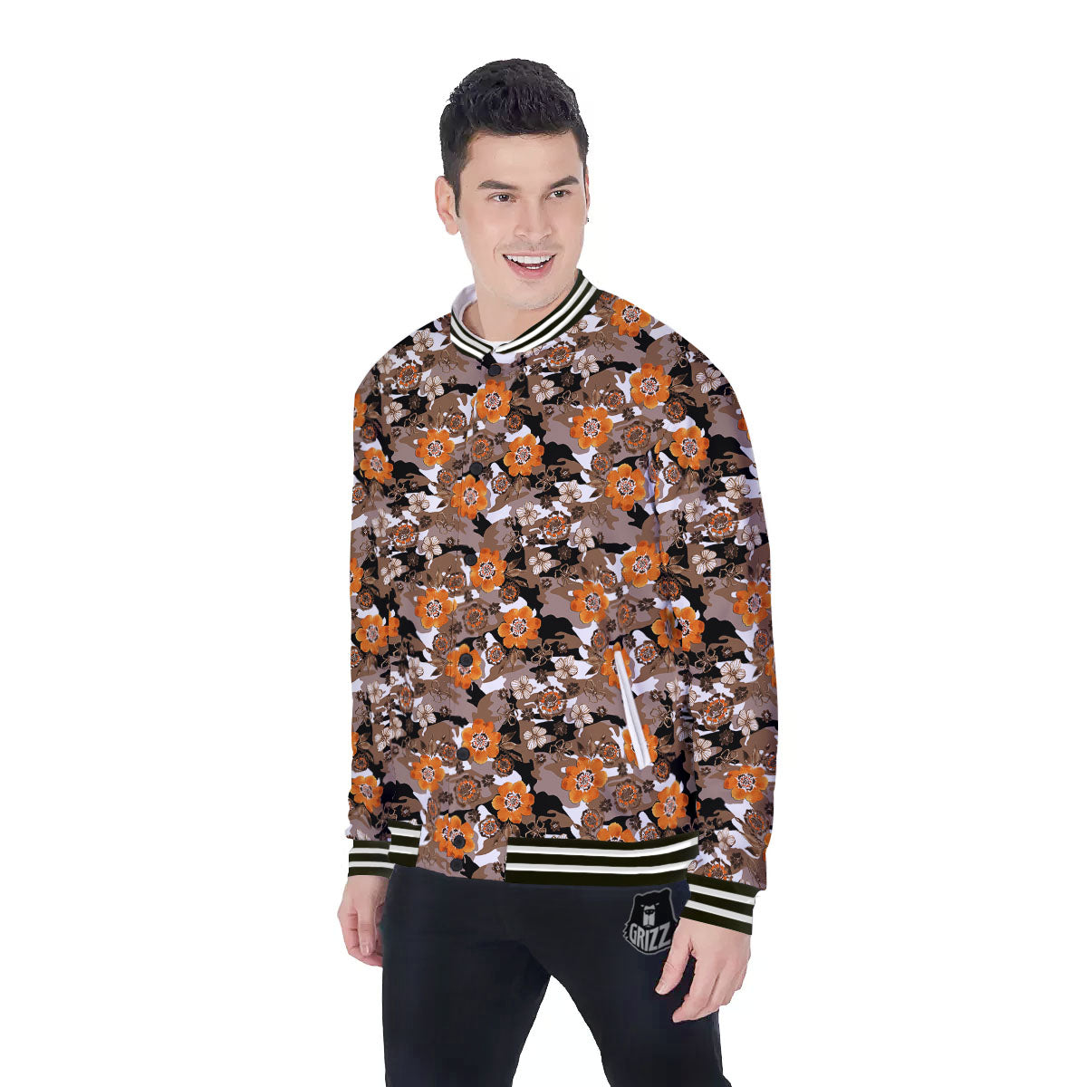 Camo Flower Brown Hawaiian Print Pattern Baseball Jacket-grizzshop