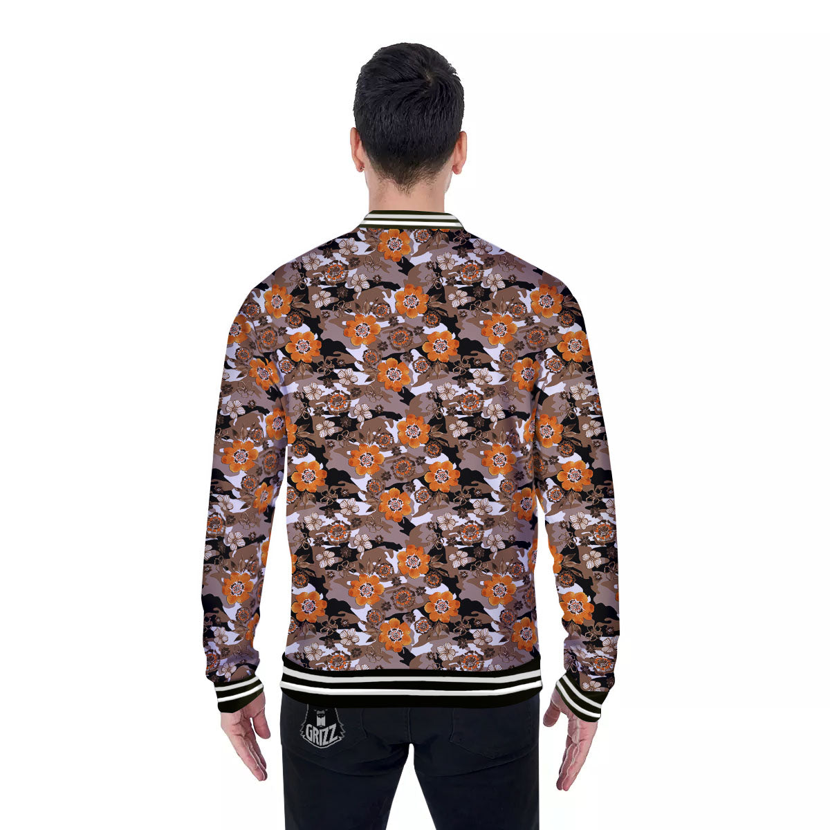Camo Flower Brown Hawaiian Print Pattern Baseball Jacket-grizzshop
