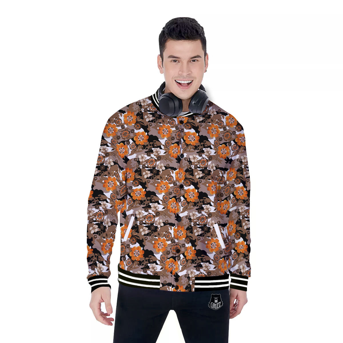 Camo Flower Brown Hawaiian Print Pattern Baseball Jacket-grizzshop