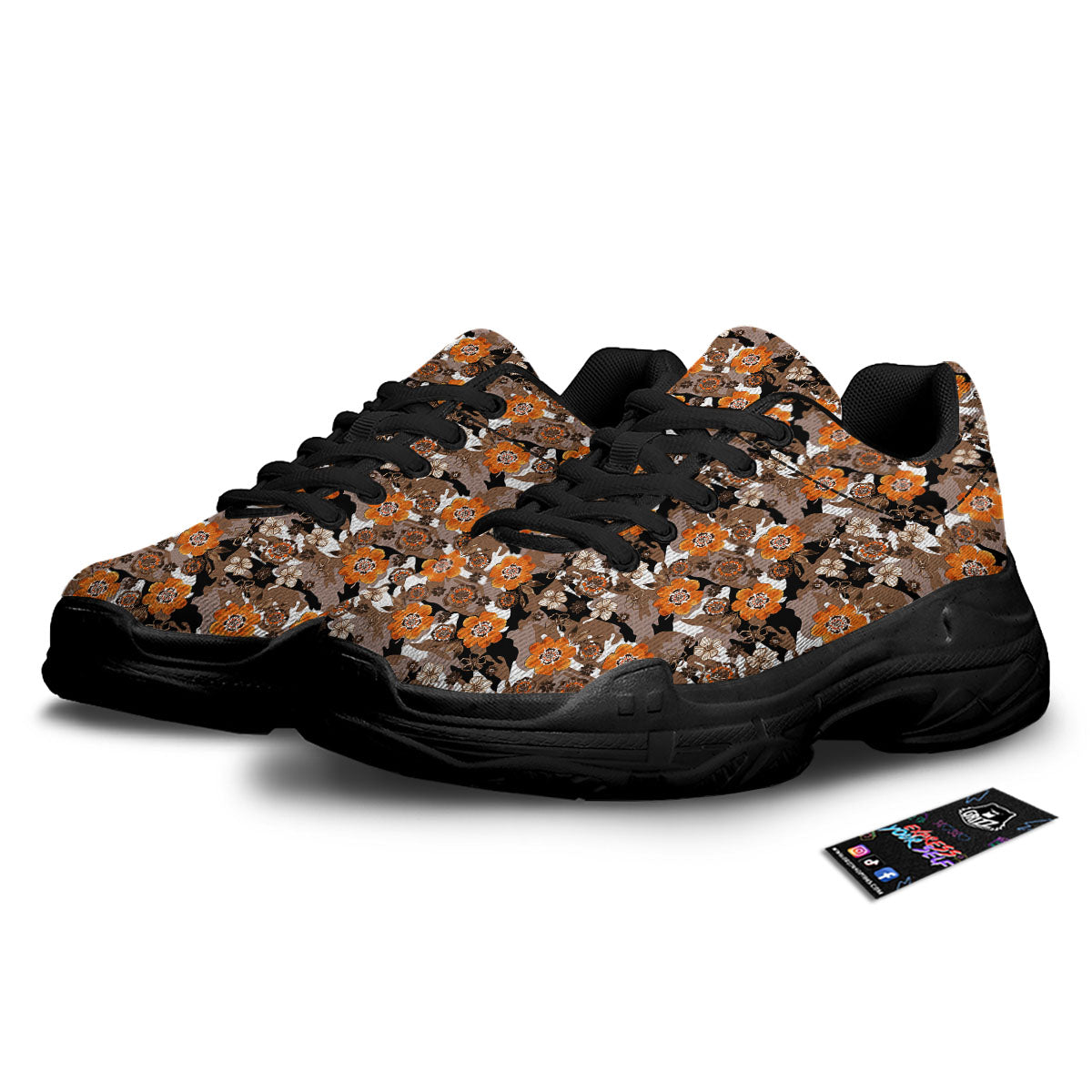 Camo Flower Brown Hawaiian Print Pattern Black Chunky Shoes-grizzshop