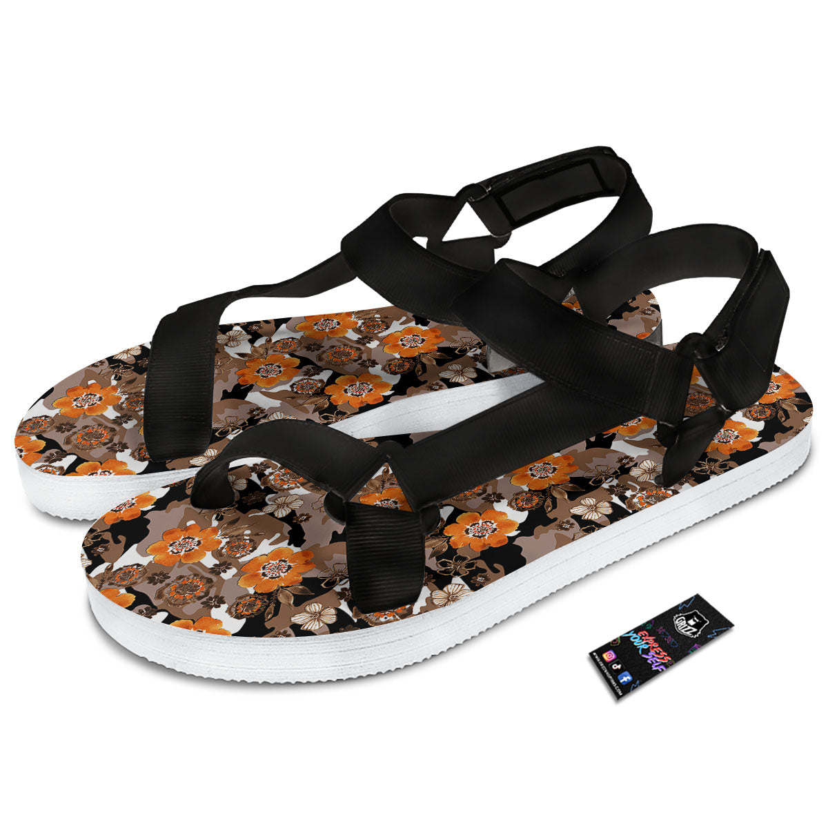 Camo Flower Brown Hawaiian Print Pattern Black Open Toe Sandals-grizzshop