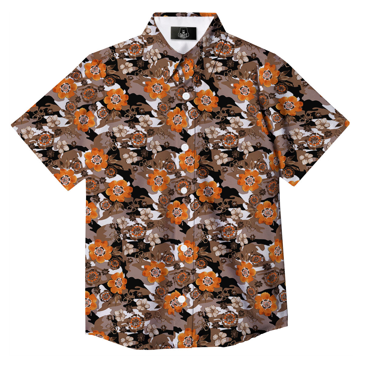 Camo Flower Brown Hawaiian Print Pattern Button Up Shirt-grizzshop