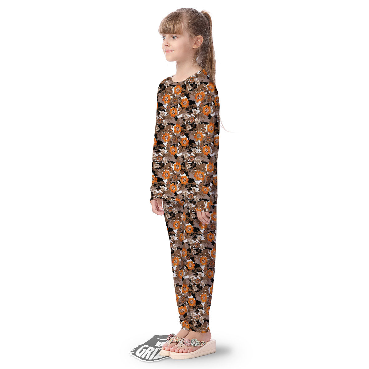 Camo Flower Brown Hawaiian Print Pattern Kid's Pajamas-grizzshop