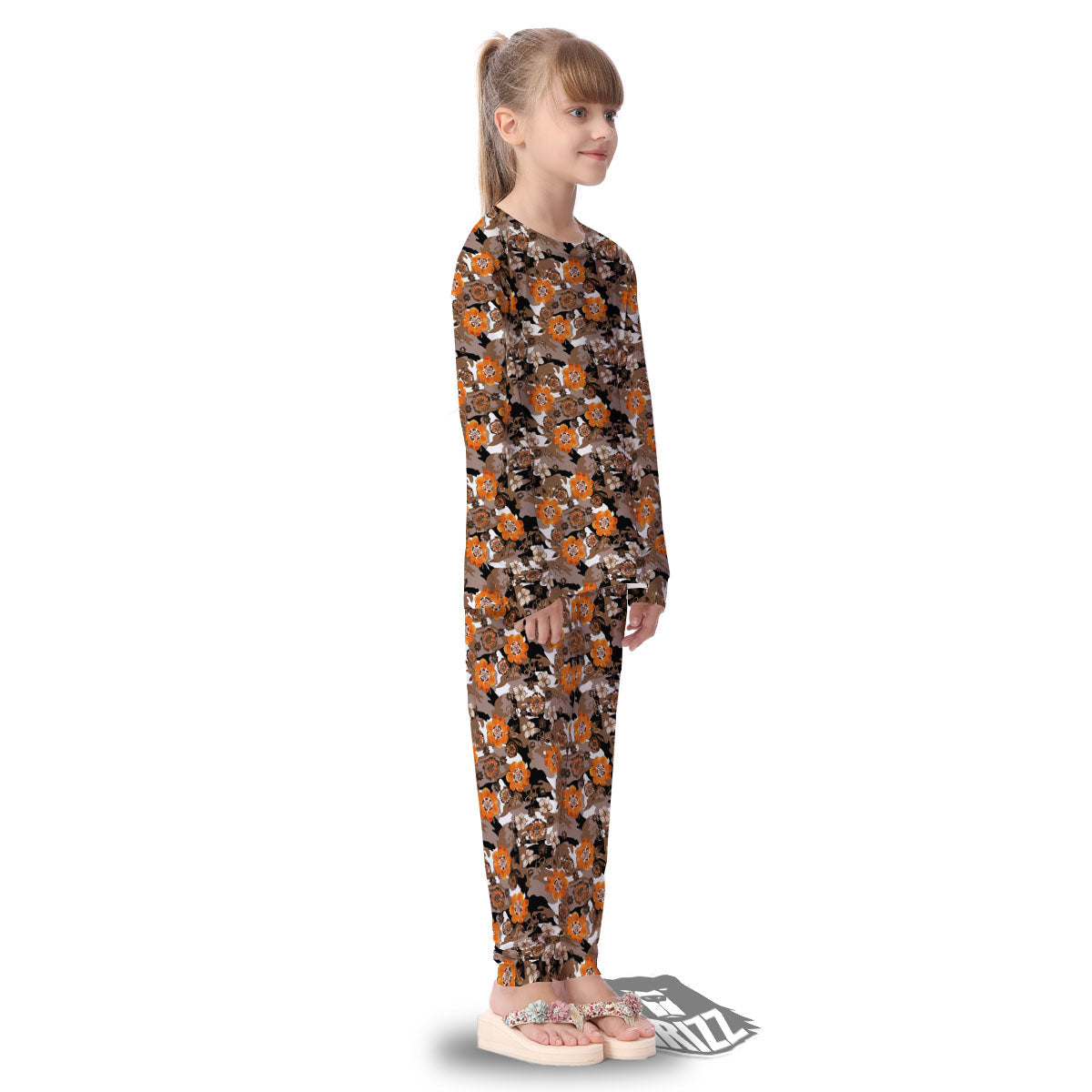 Camo Flower Brown Hawaiian Print Pattern Kid's Pajamas-grizzshop