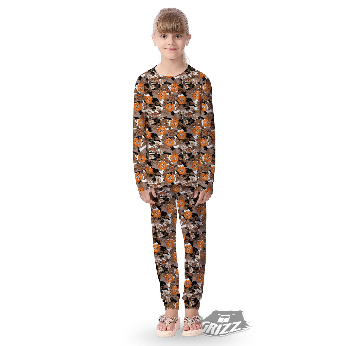 Camo Flower Brown Hawaiian Print Pattern Kid's Pajamas-grizzshop