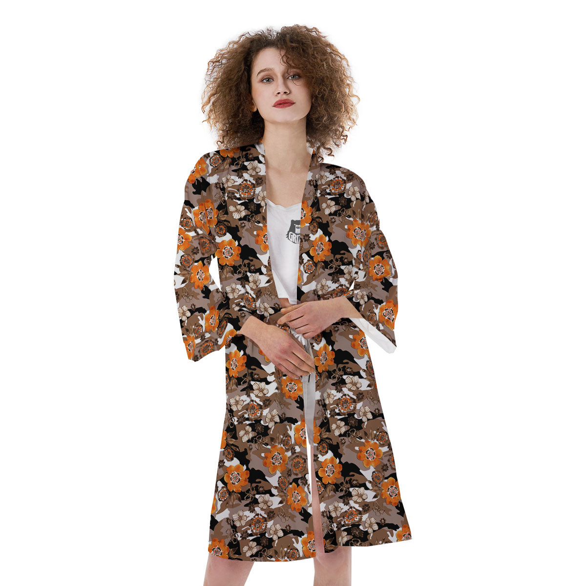 Camo Flower Brown Hawaiian Print Pattern Kimono-grizzshop