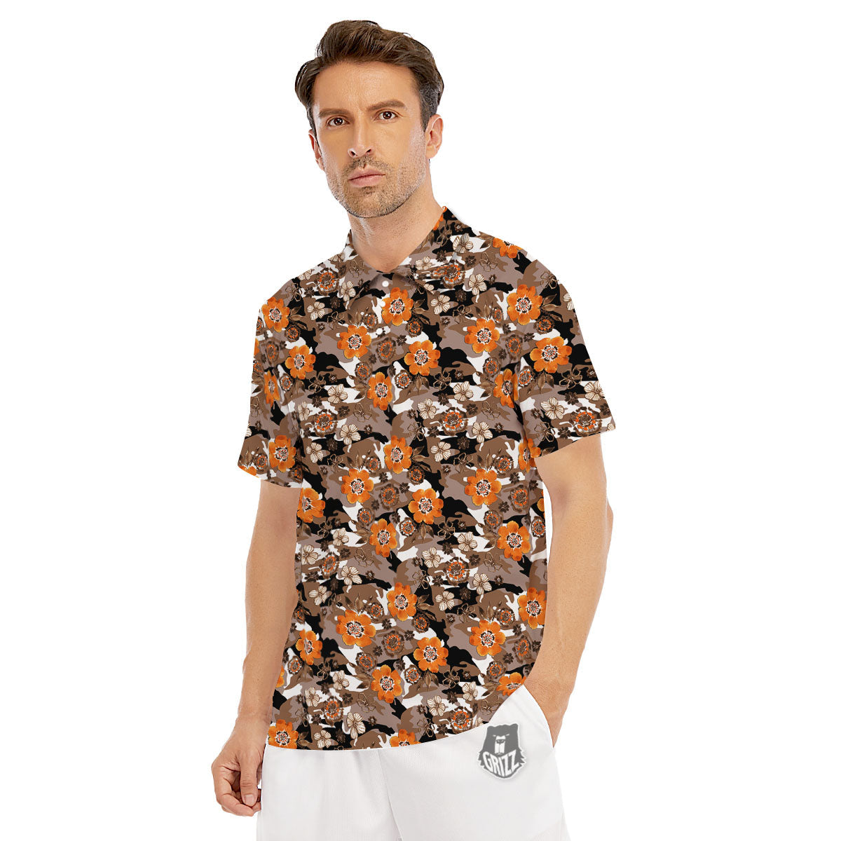 Camo Flower Brown Hawaiian Print Pattern Men's Golf Shirts-grizzshop