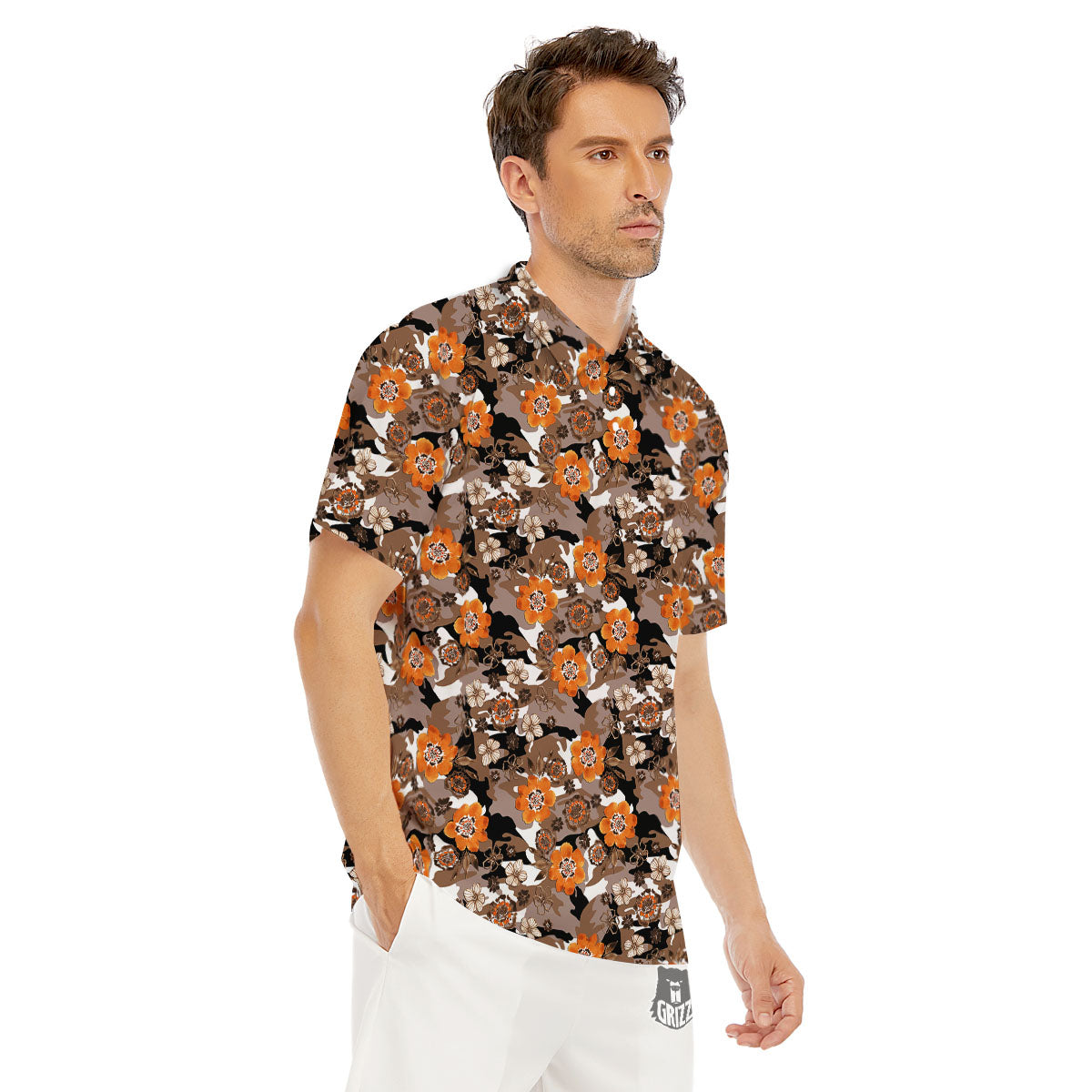 Camo Flower Brown Hawaiian Print Pattern Men's Golf Shirts-grizzshop