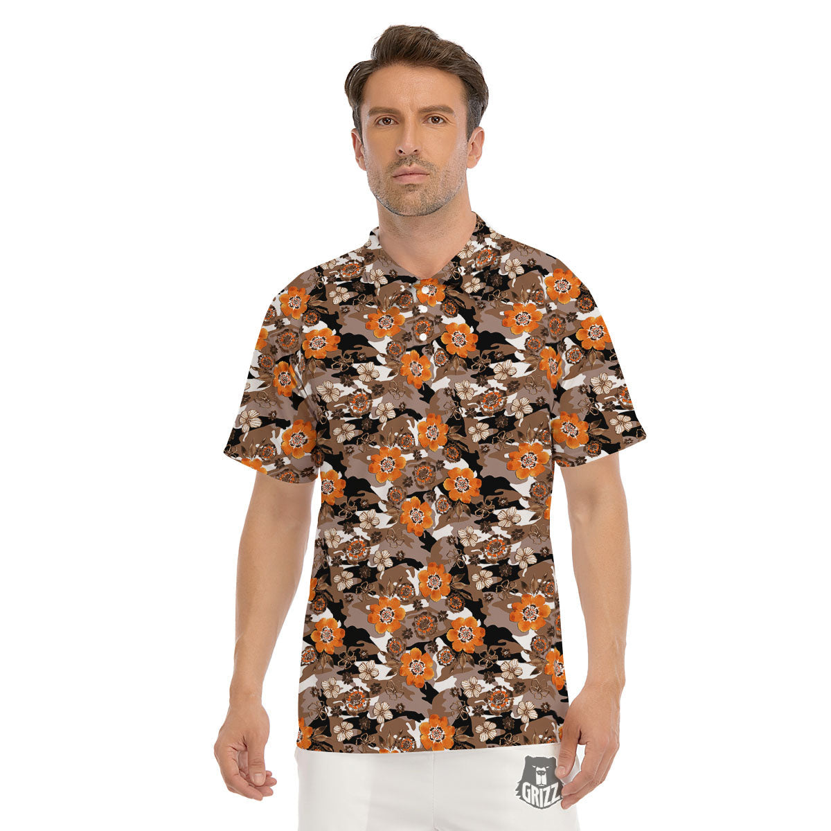 Camo Flower Brown Hawaiian Print Pattern Men's Golf Shirts-grizzshop