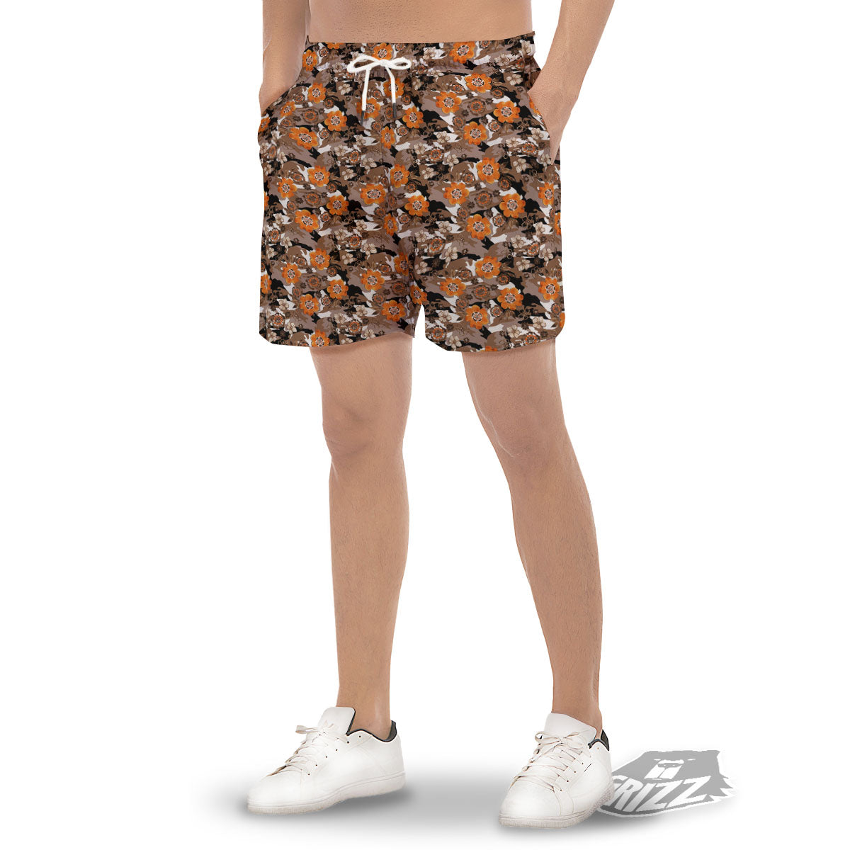Camo Flower Brown Hawaiian Print Pattern Men's Gym Shorts-grizzshop