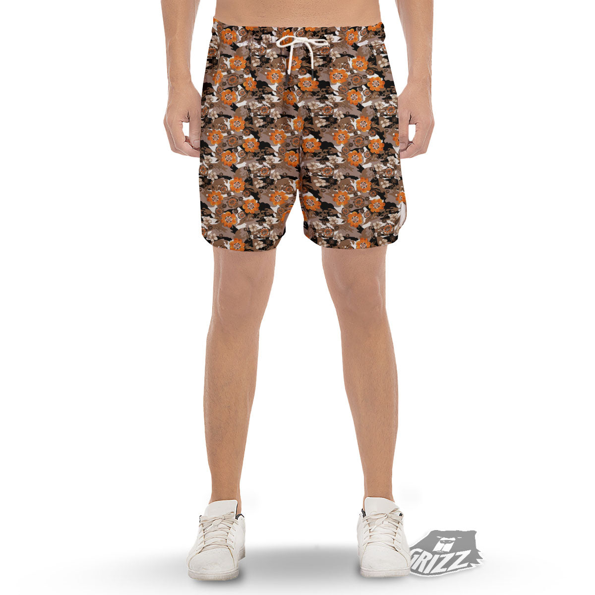 Camo Flower Brown Hawaiian Print Pattern Men's Gym Shorts-grizzshop