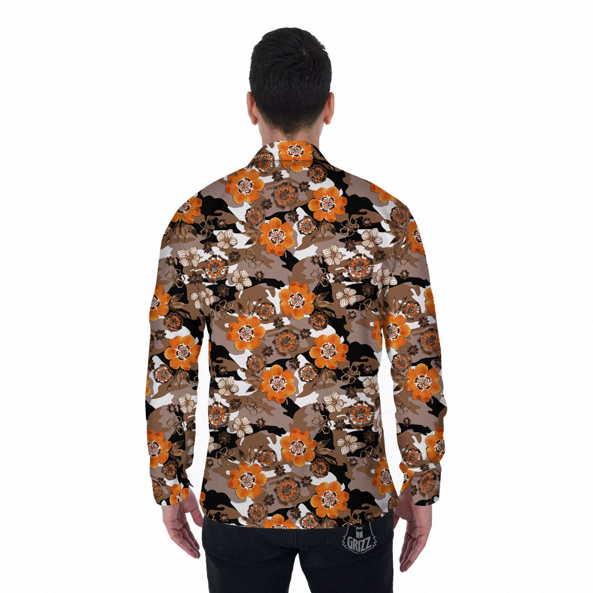 Camo Flower Brown Hawaiian Print Pattern Men's Long Sleeve Shirts-grizzshop