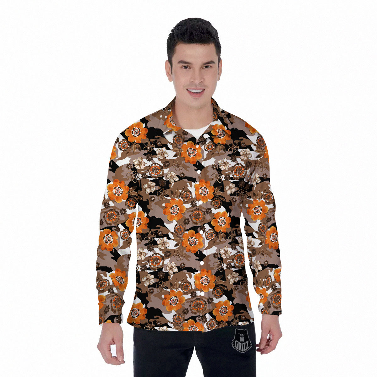 Camo Flower Brown Hawaiian Print Pattern Men's Long Sleeve Shirts-grizzshop