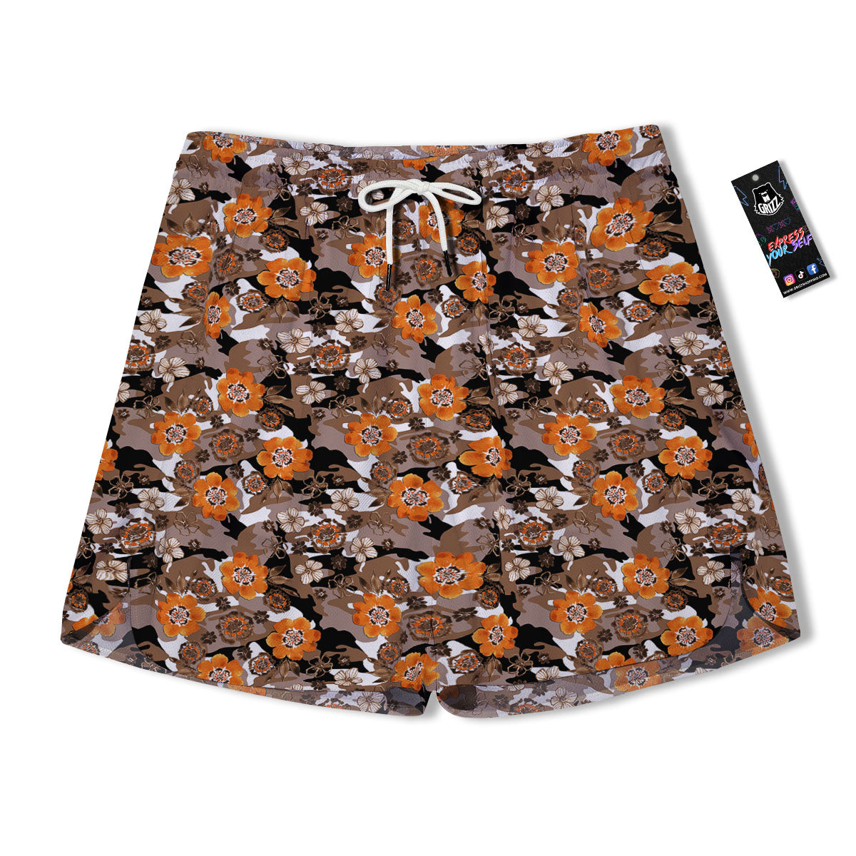Camo Flower Brown Hawaiian Print Pattern Men's Running Shorts-grizzshop