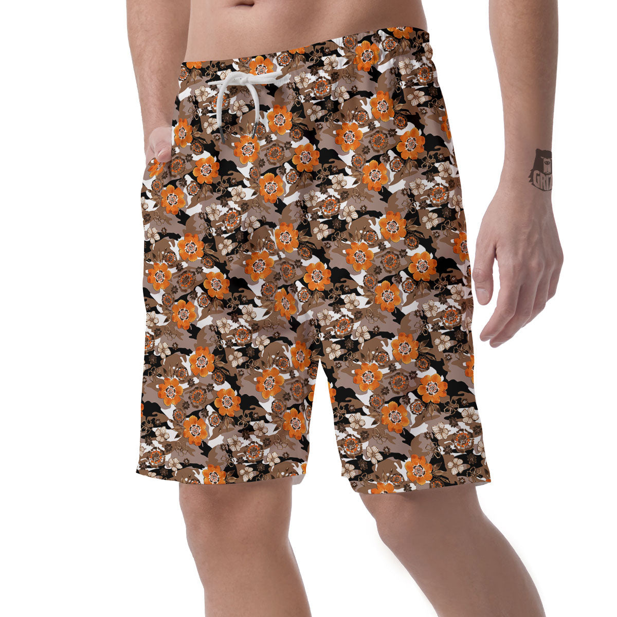Camo Flower Brown Hawaiian Print Pattern Men's Shorts-grizzshop