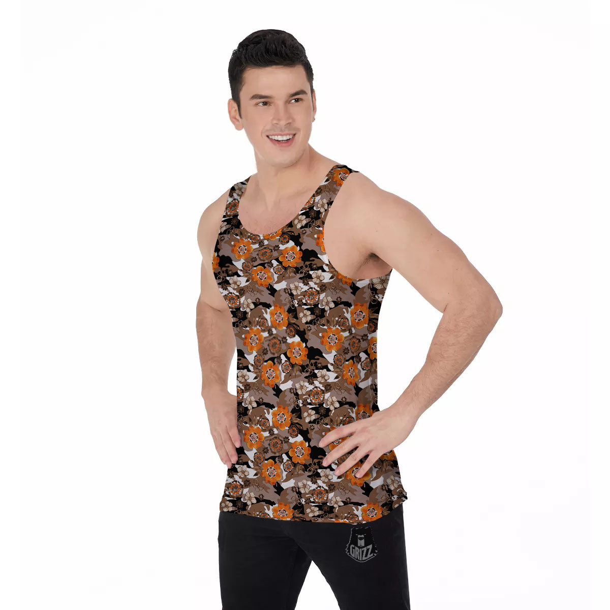 Camo Flower Brown Hawaiian Print Pattern Men's Tank Top-grizzshop