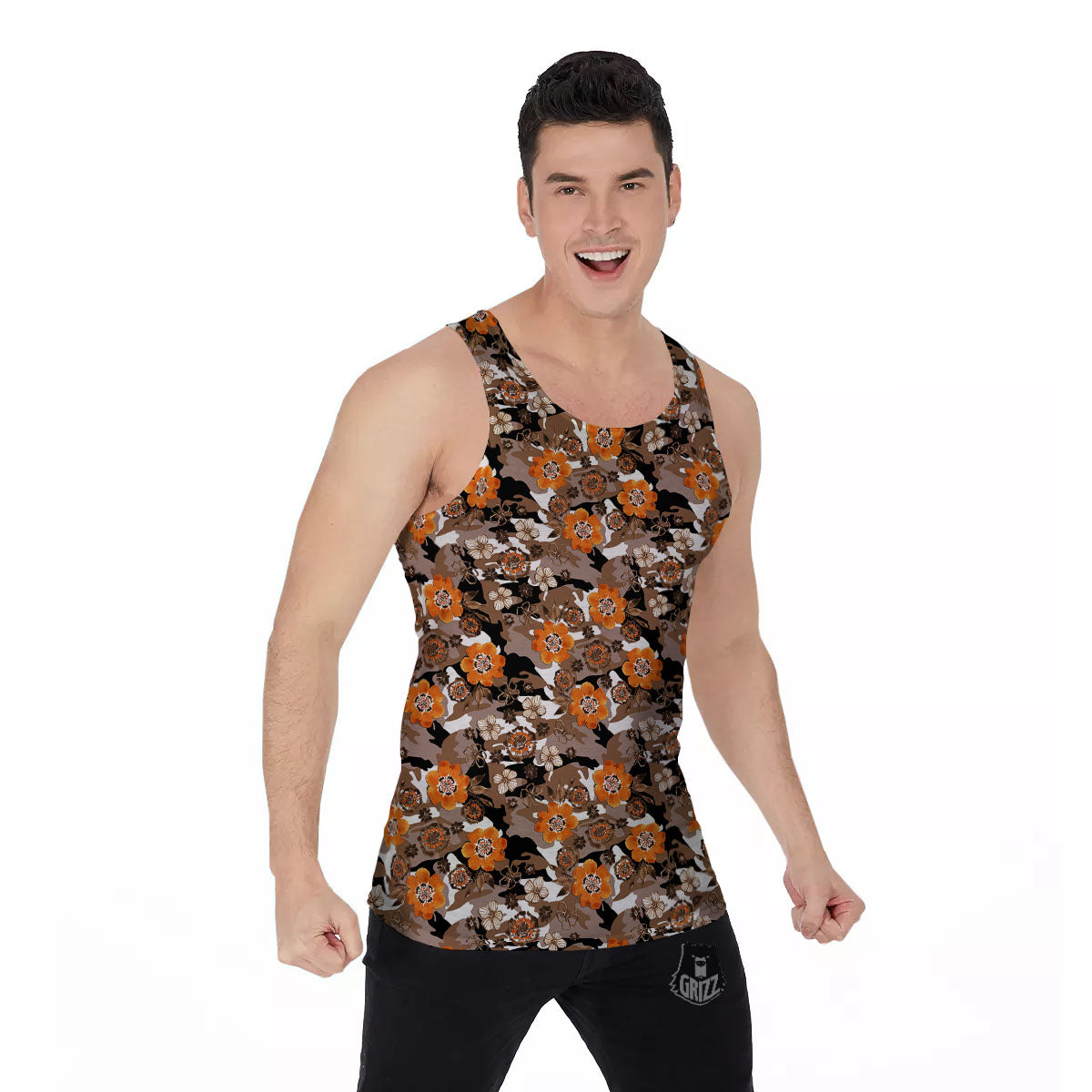 Camo Flower Brown Hawaiian Print Pattern Men's Tank Top-grizzshop