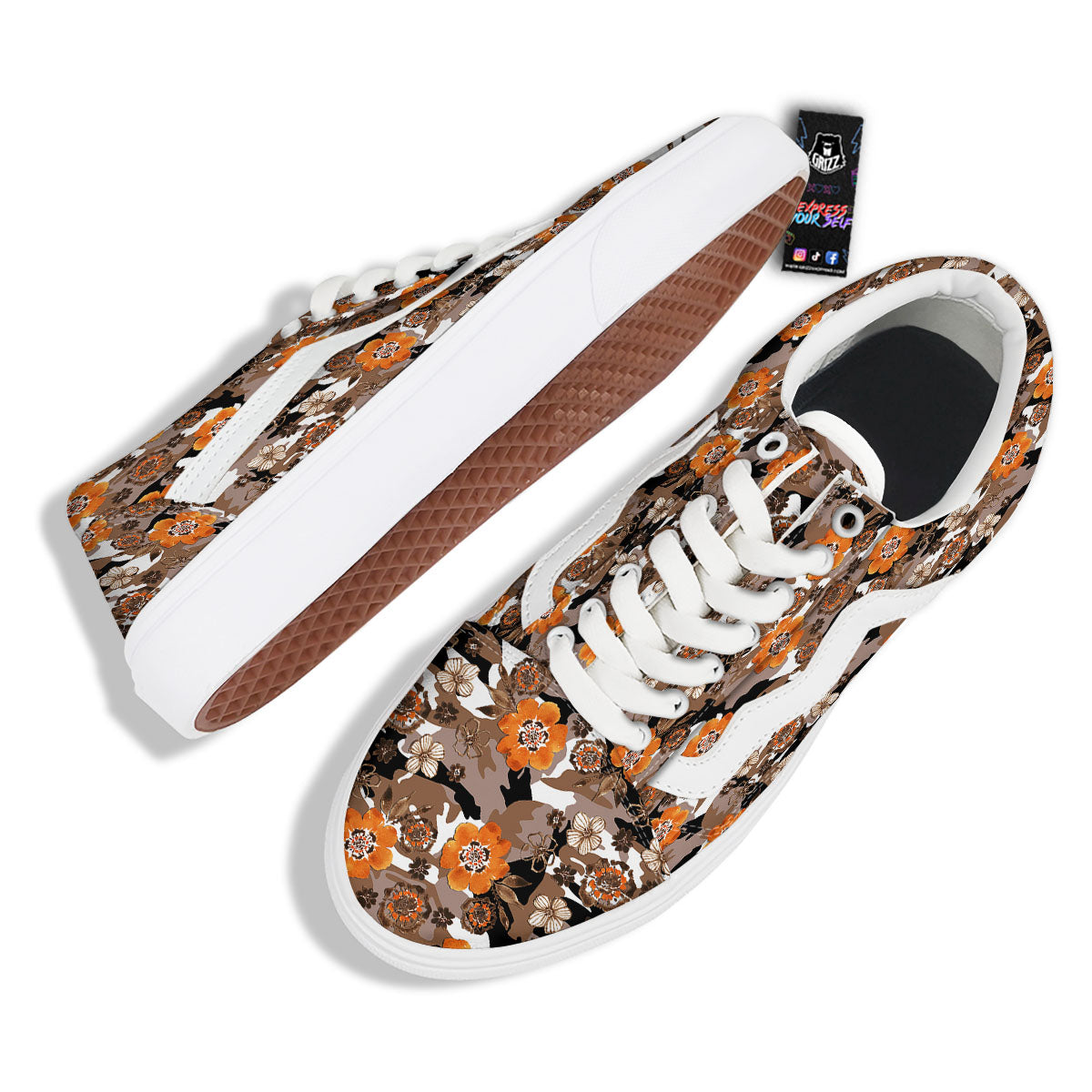 Camo Flower Brown Hawaiian Print Pattern Skate Shoes-grizzshop