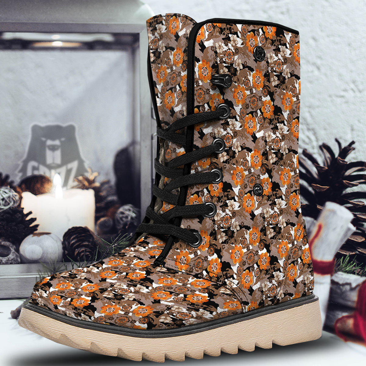 Camo Flower Brown Hawaiian Print Pattern Snow Boots-grizzshop