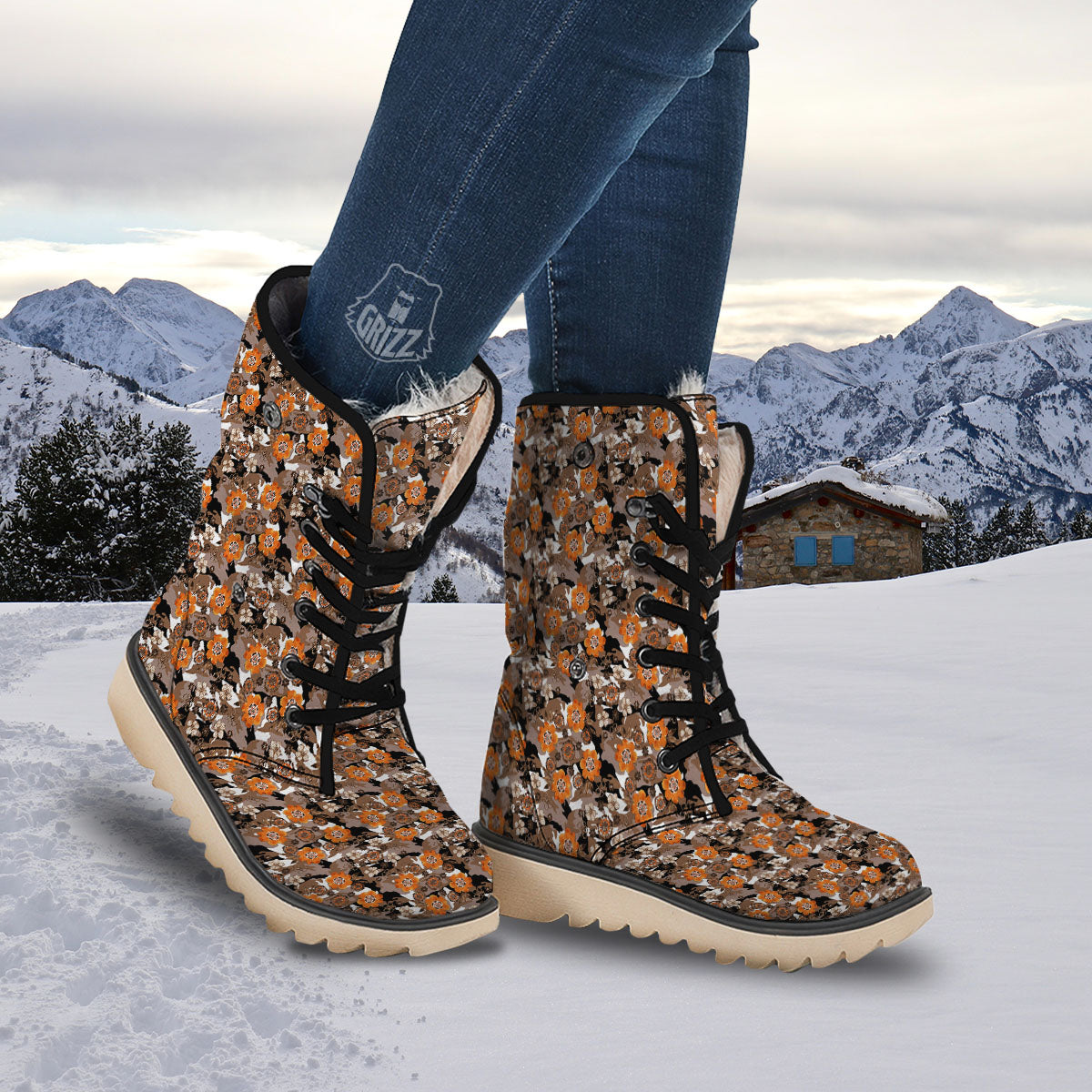 Camo Flower Brown Hawaiian Print Pattern Snow Boots-grizzshop