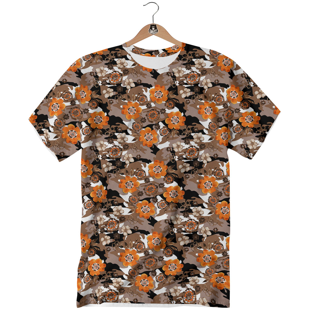 Camo Flower Brown Hawaiian Print Pattern T-Shirt-grizzshop