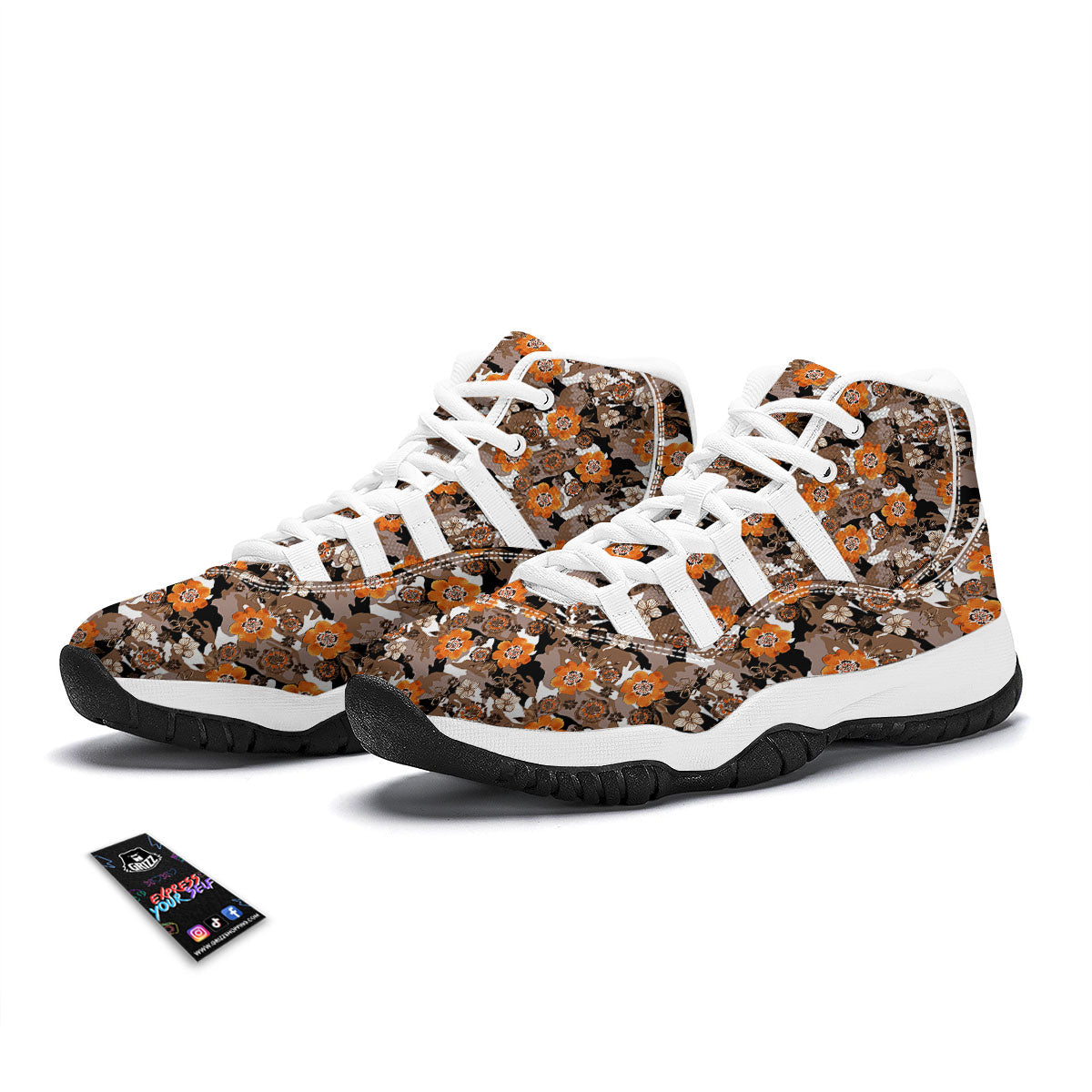 Camo Flower Brown Hawaiian Print Pattern White Bball Shoes-grizzshop