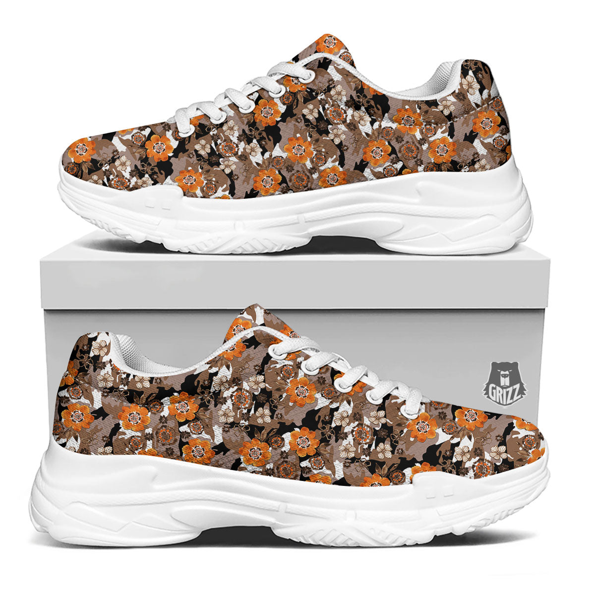 Camo Flower Brown Hawaiian Print Pattern White Chunky Shoes-grizzshop