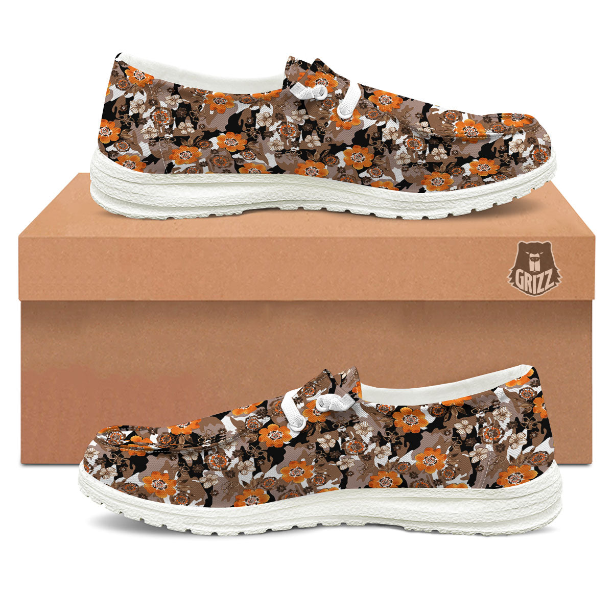 Camo Flower Brown Hawaiian Print Pattern White Loafers-grizzshop
