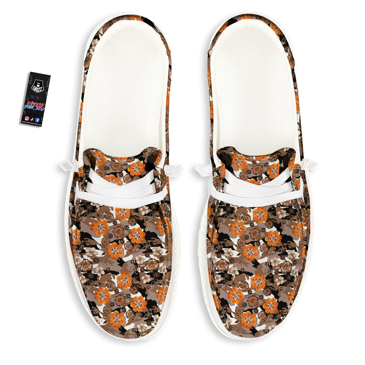 Camo Flower Brown Hawaiian Print Pattern White Loafers-grizzshop