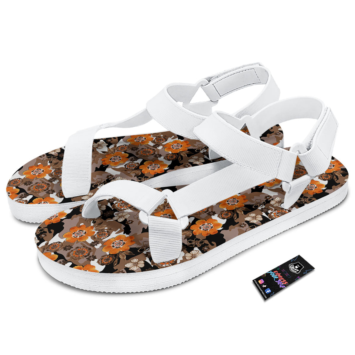 Camo Flower Brown Hawaiian Print Pattern White Open Toe Sandals-grizzshop