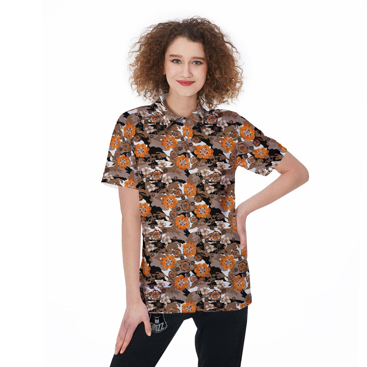 Camo Flower Brown Hawaiian Print Pattern Women's Golf Shirts-grizzshop