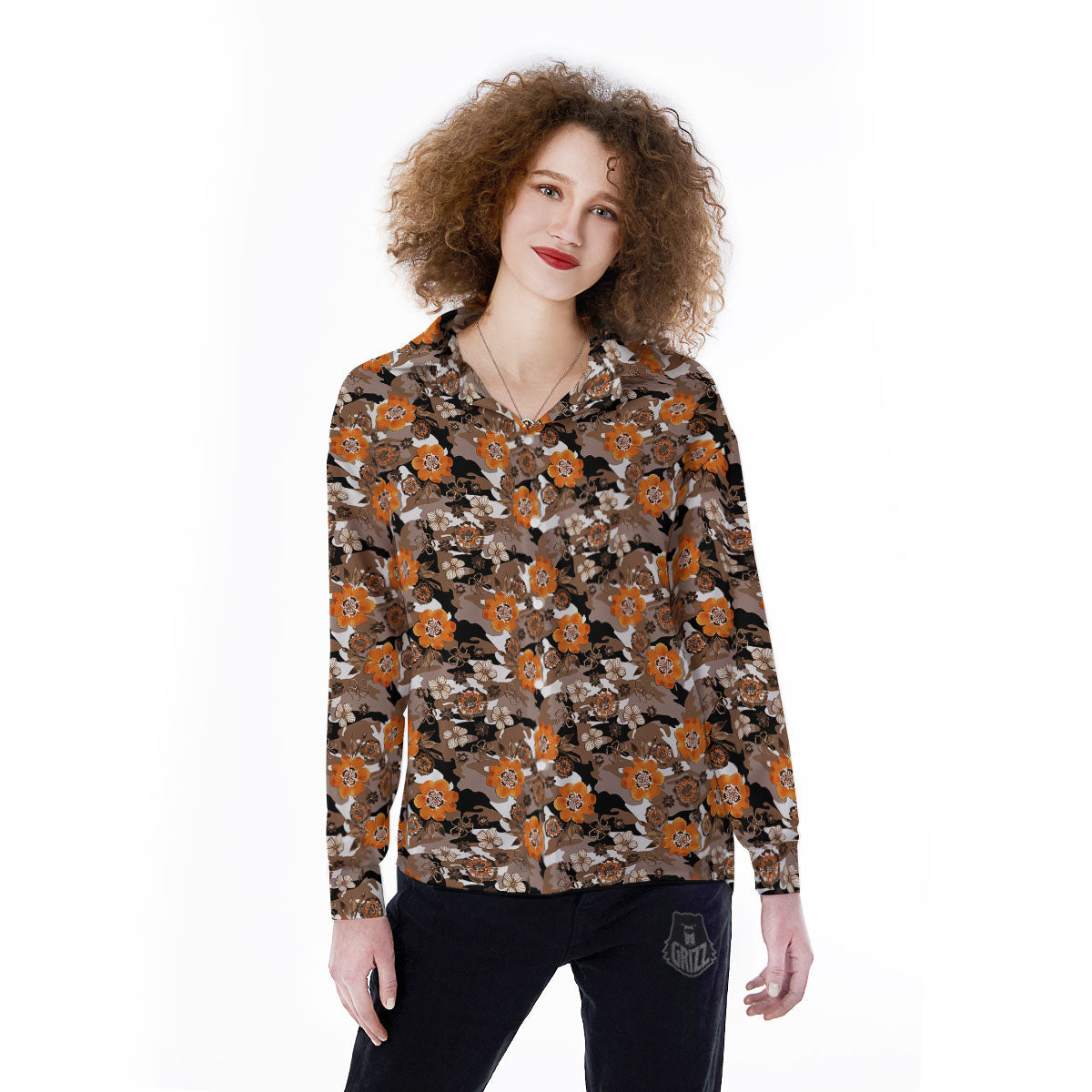 Camo Flower Brown Hawaiian Print Pattern Women's Long Sleeve Shirts-grizzshop