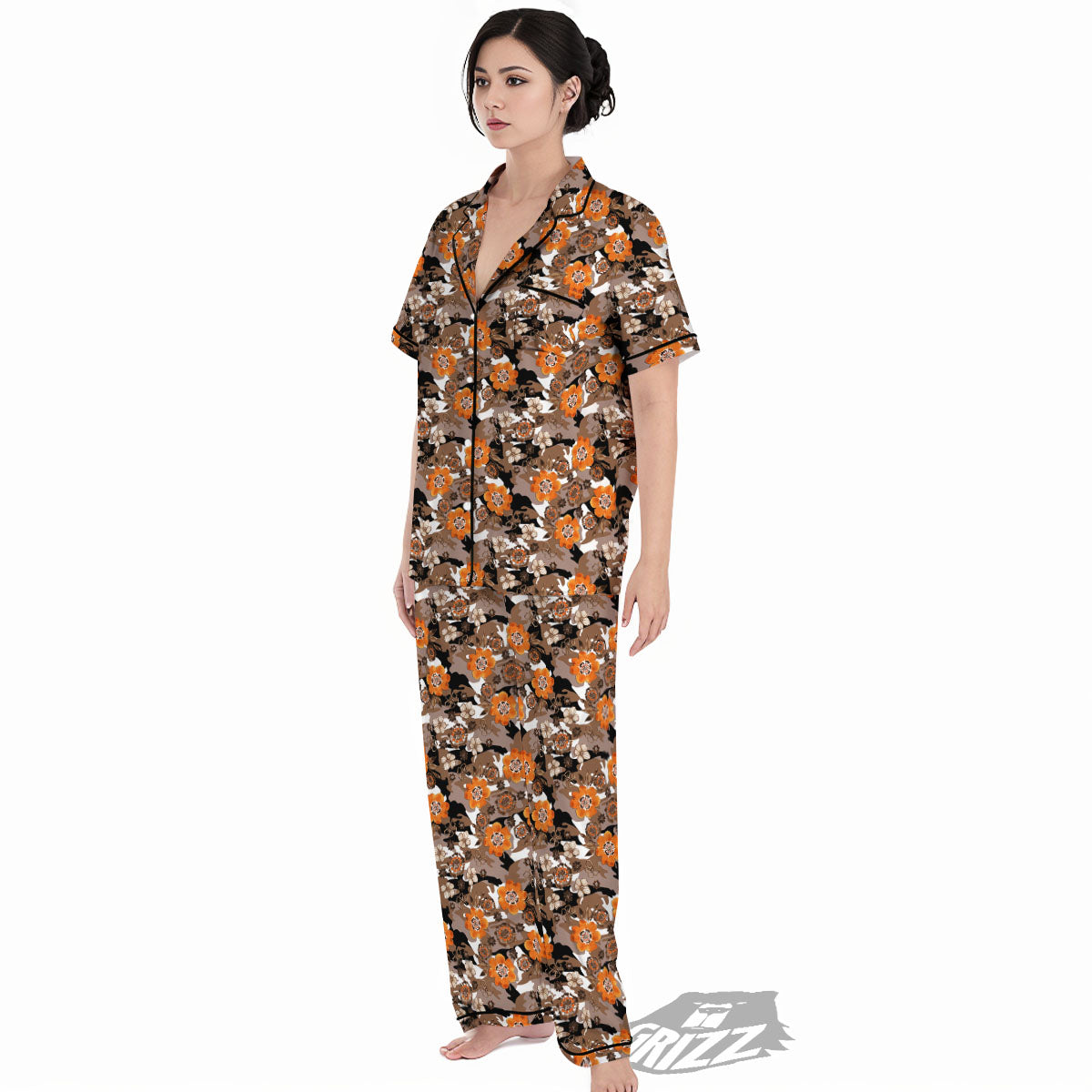 Camo Flower Brown Hawaiian Print Pattern Women's Pajamas Set-grizzshop