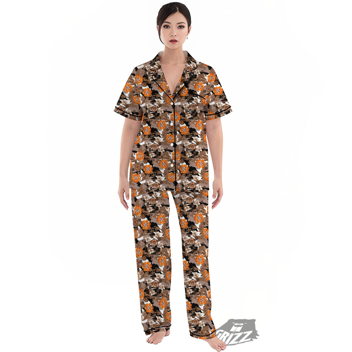 Camo Flower Brown Hawaiian Print Pattern Women's Pajamas Set-grizzshop