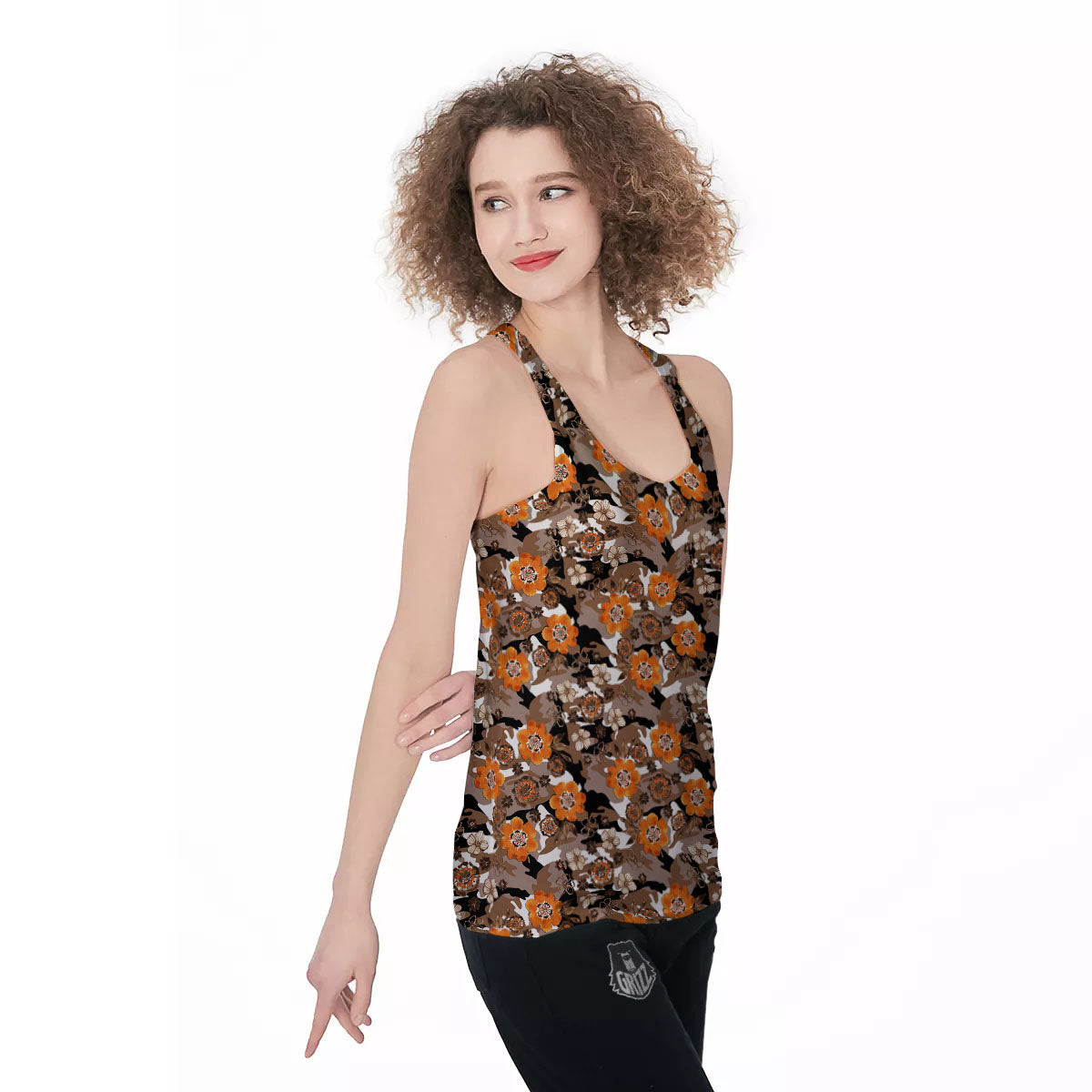 Camo Flower Brown Hawaiian Print Pattern Women's Racerback Tank Top-grizzshop