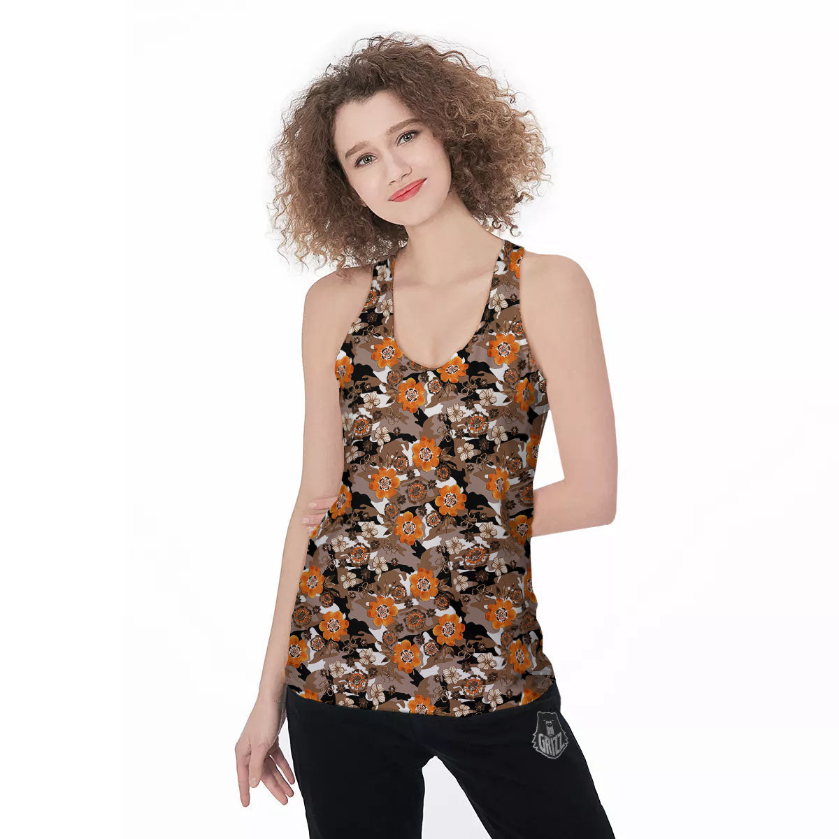 Camo Flower Brown Hawaiian Print Pattern Women's Racerback Tank Top-grizzshop