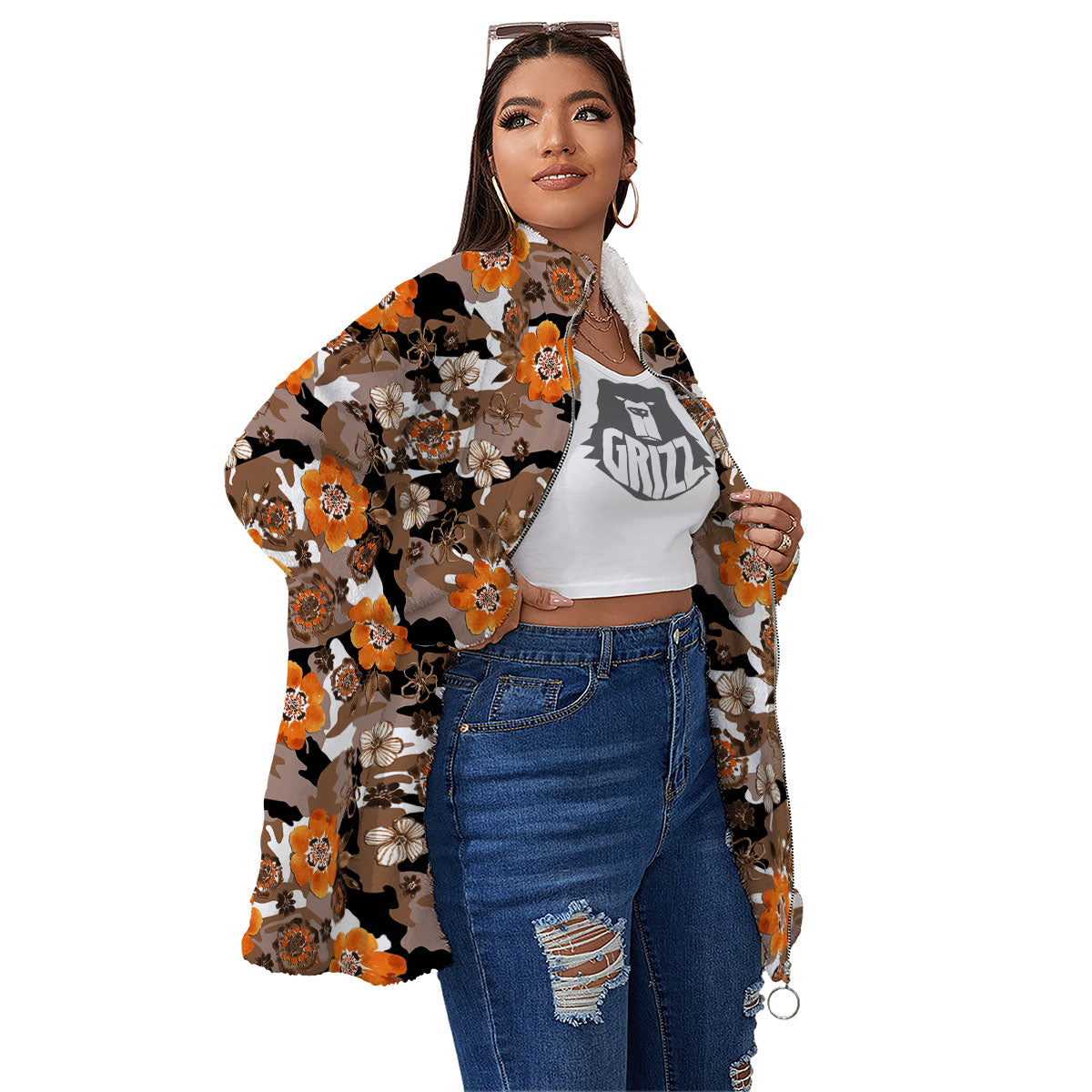 Camo Flower Brown Hawaiian Print Pattern Women's Sherpa Jacket-grizzshop