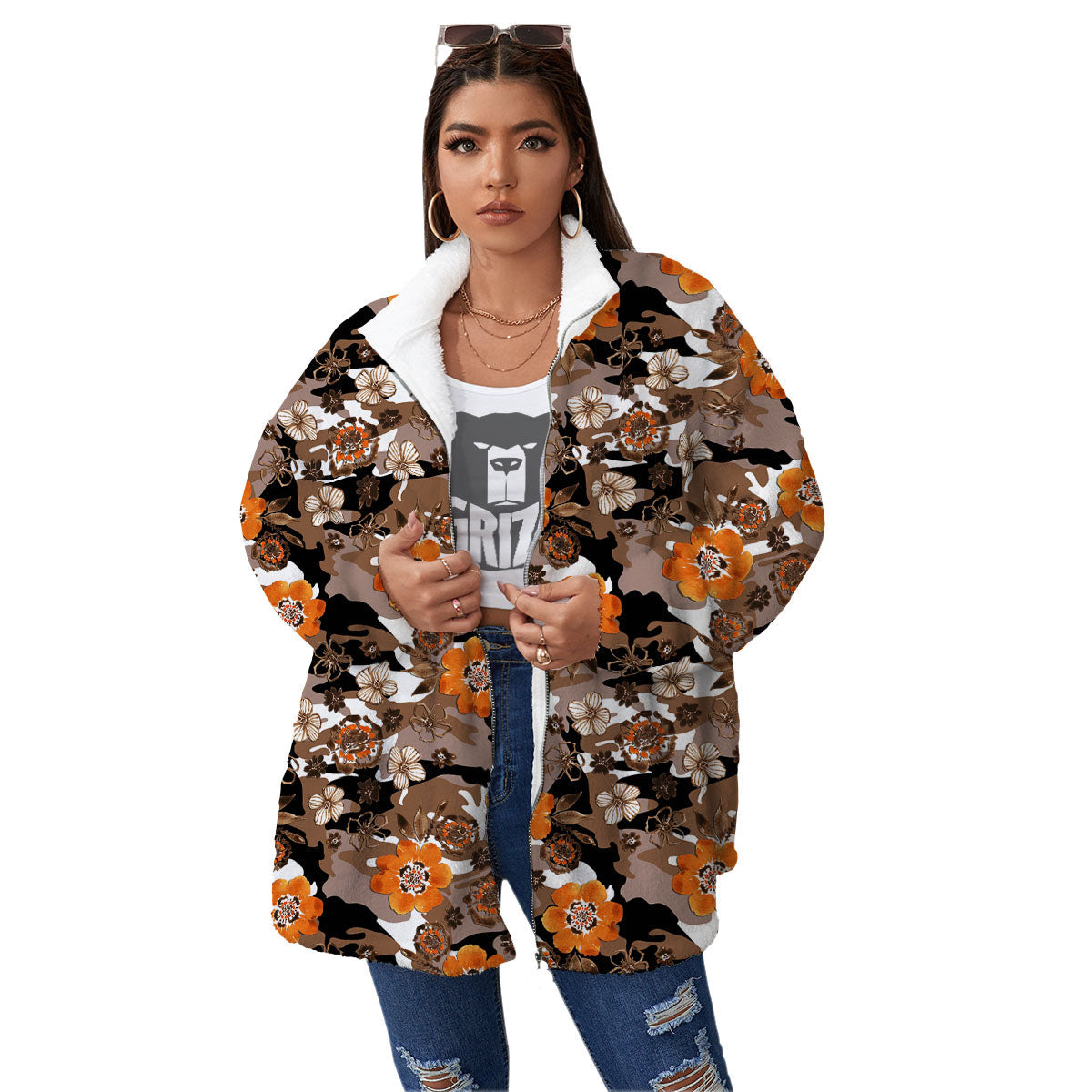 Camo Flower Brown Hawaiian Print Pattern Women's Sherpa Jacket-grizzshop