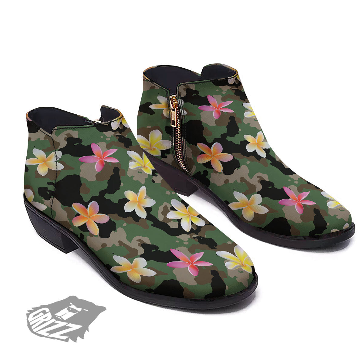 Camo Flower Military Green Print Pattern Ankle Boots-grizzshop