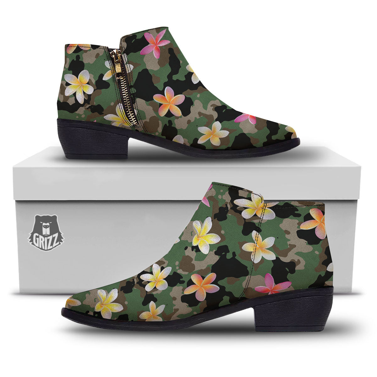 Camo Flower Military Green Print Pattern Ankle Boots-grizzshop