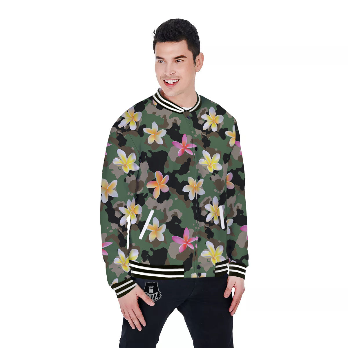 Camo Flower Military Green Print Pattern Baseball Jacket-grizzshop