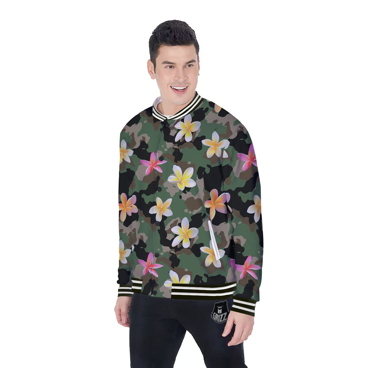 Camo Flower Military Green Print Pattern Baseball Jacket-grizzshop