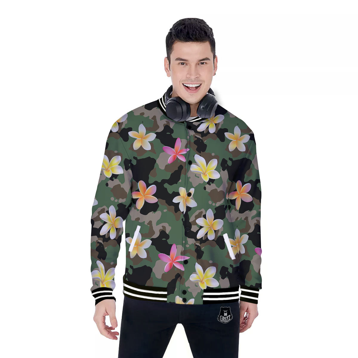 Camo Flower Military Green Print Pattern Baseball Jacket-grizzshop