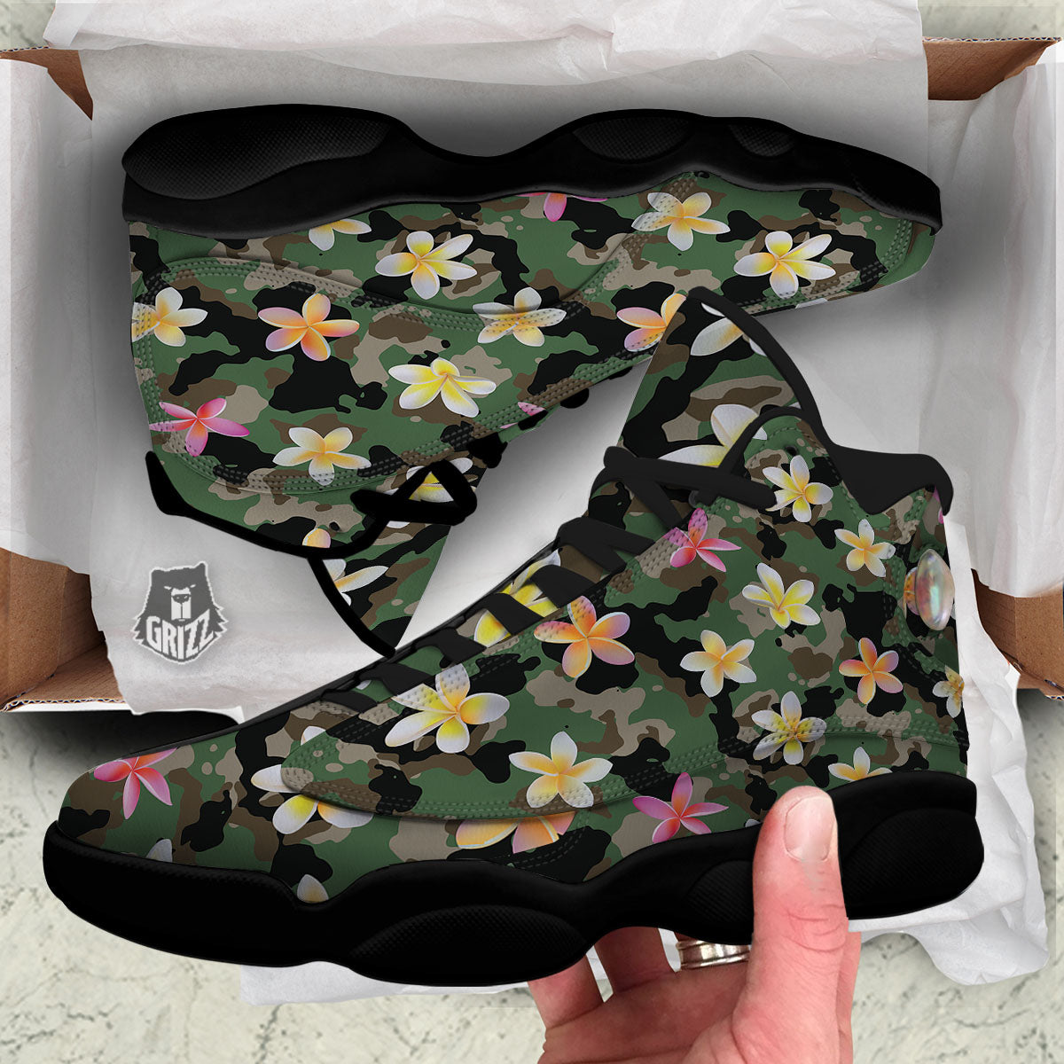 Camo Flower Military Green Print Pattern Black Basketball Shoes-grizzshop