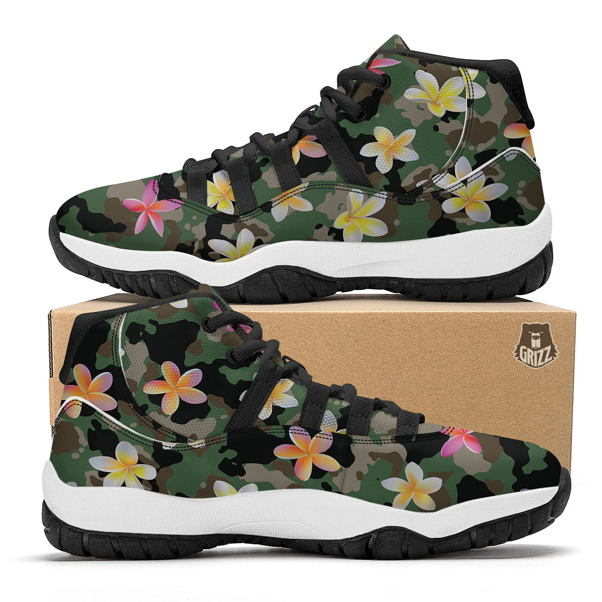 Camo Flower Military Green Print Pattern Black Bball Shoes-grizzshop