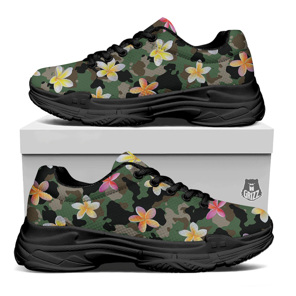 Camo Flower Military Green Print Pattern Black Chunky Shoes-grizzshop
