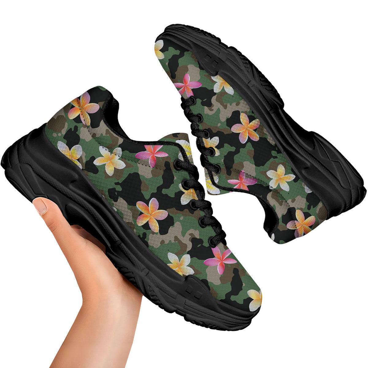 Camo Flower Military Green Print Pattern Black Chunky Shoes-grizzshop